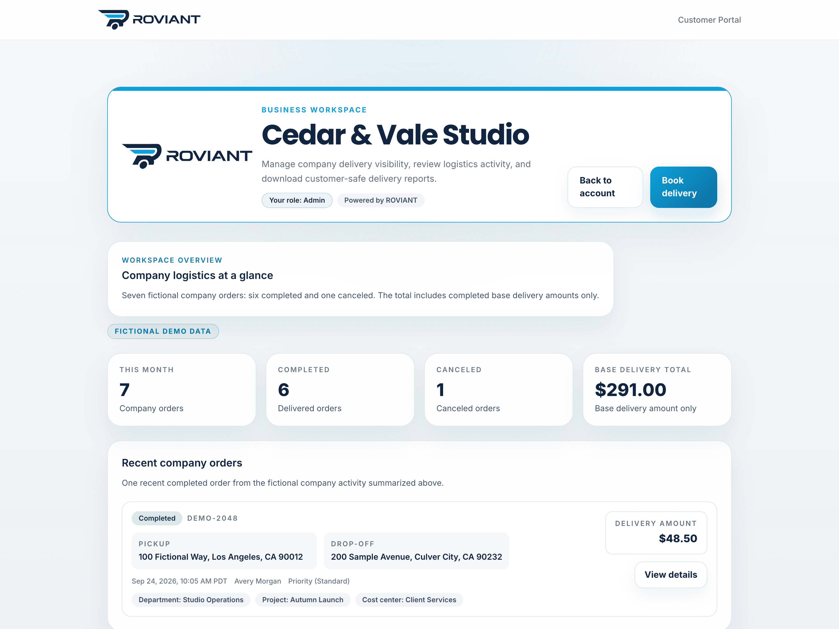 ROVIANT Portal business dashboard with seven fictional orders, reconciled summary totals, and one complete recent order