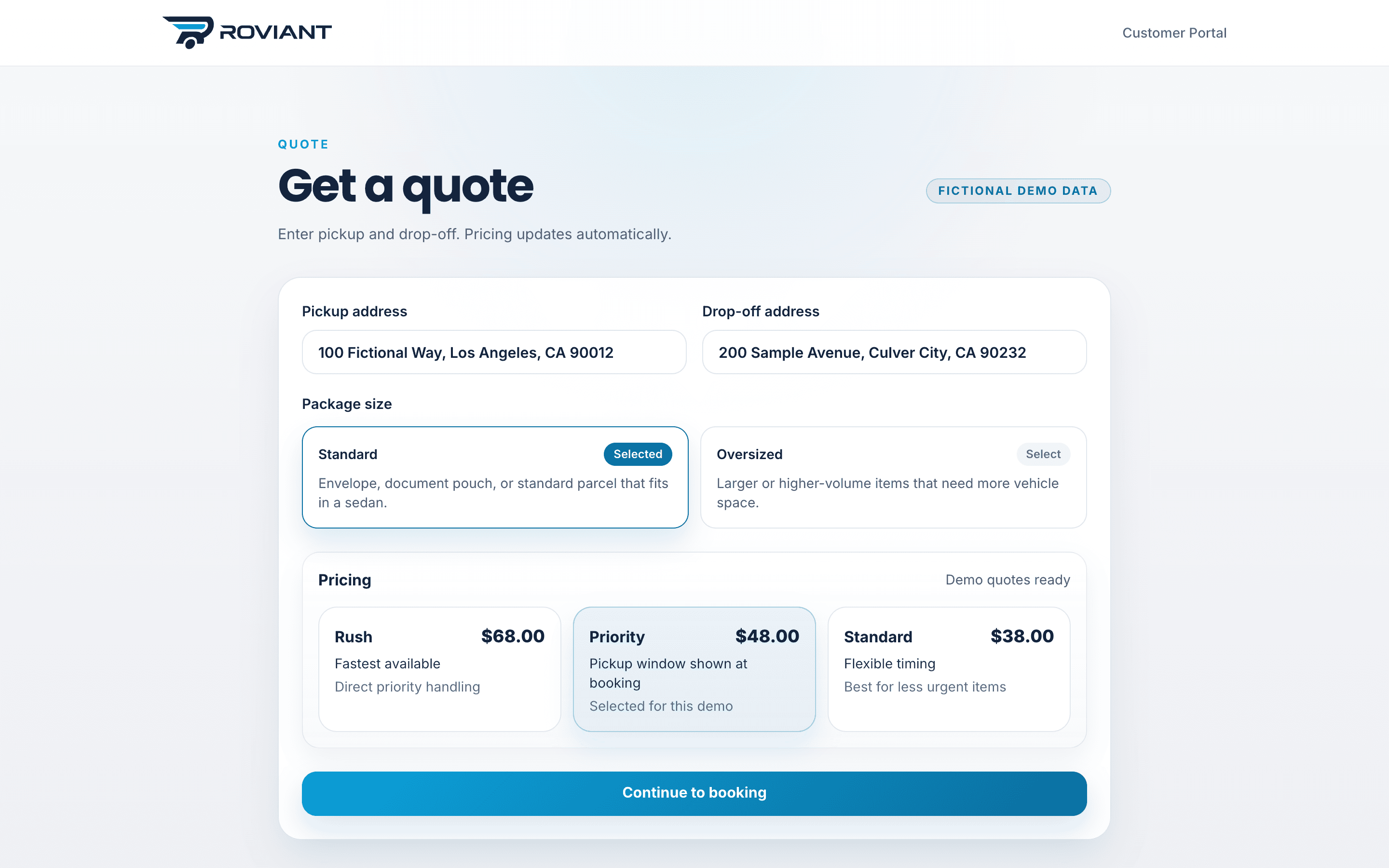 ROVIANT Portal quote screen with fictional pickup, drop-off, package size, and service options