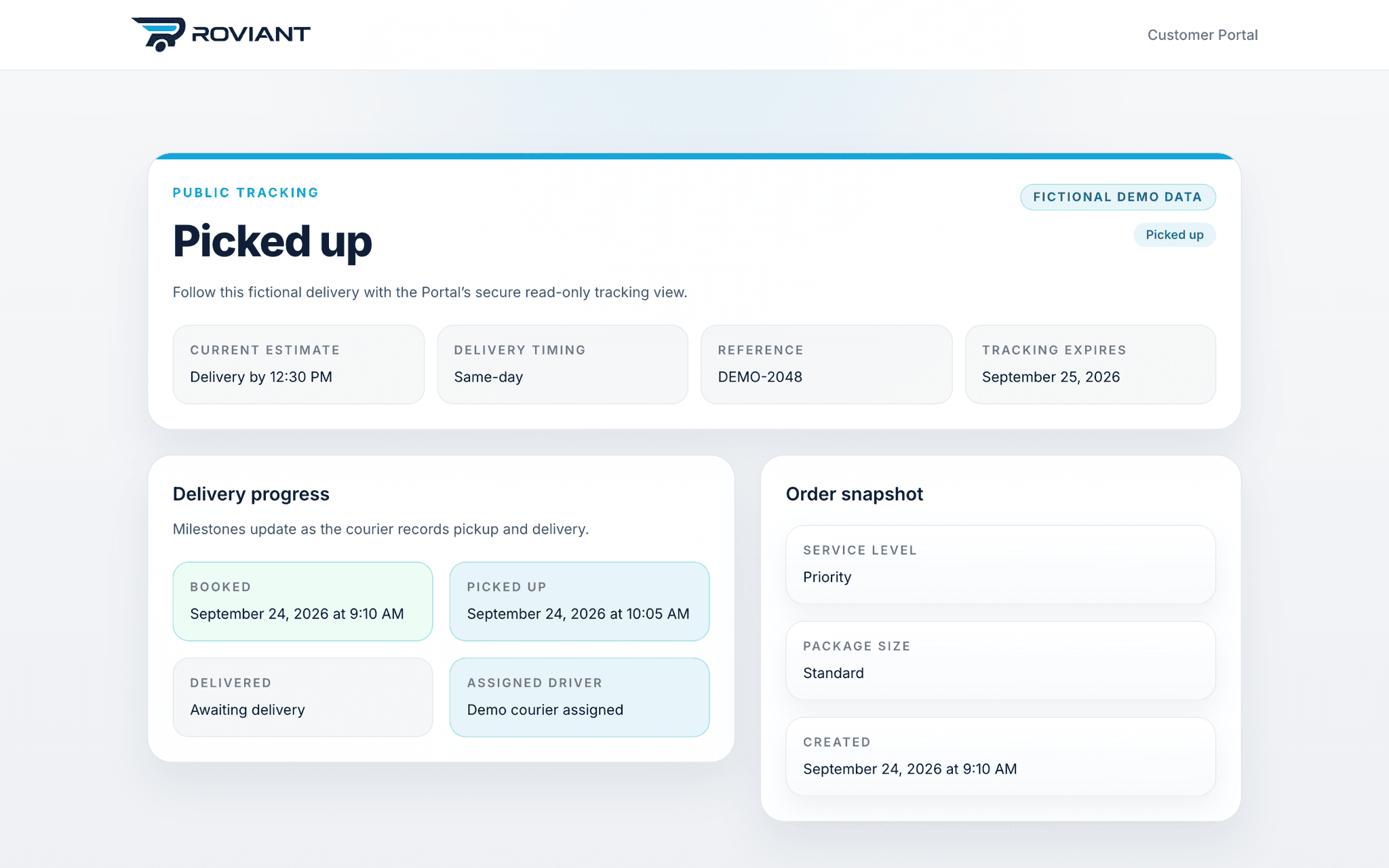 ROVIANT Portal tracking screen showing a fictional delivery at the picked-up stage